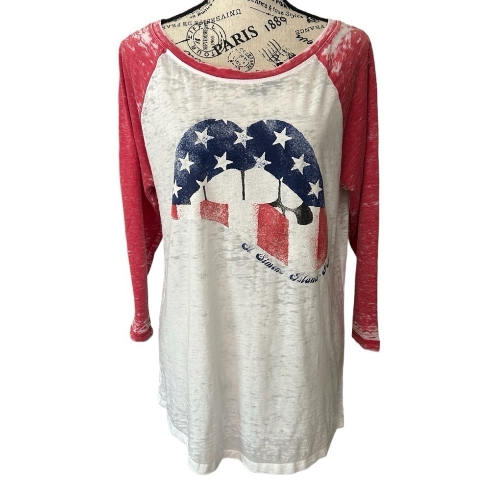DUCK CO Red White Blue Burnout Raglan Lips 3/4 Sleeves Shirt Patriotic
